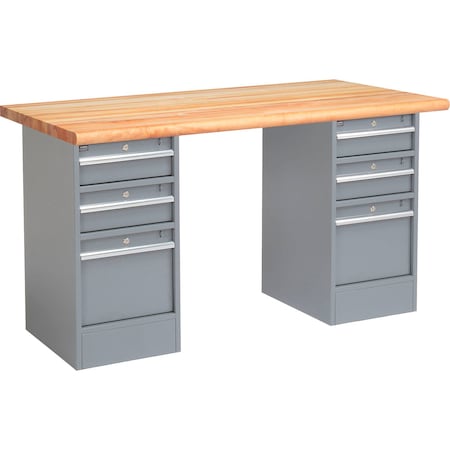 Global Industrial 72 x 30 Pedestal Workbench, 6 Drawers, Maple Block Safety Edge, Gray 607635